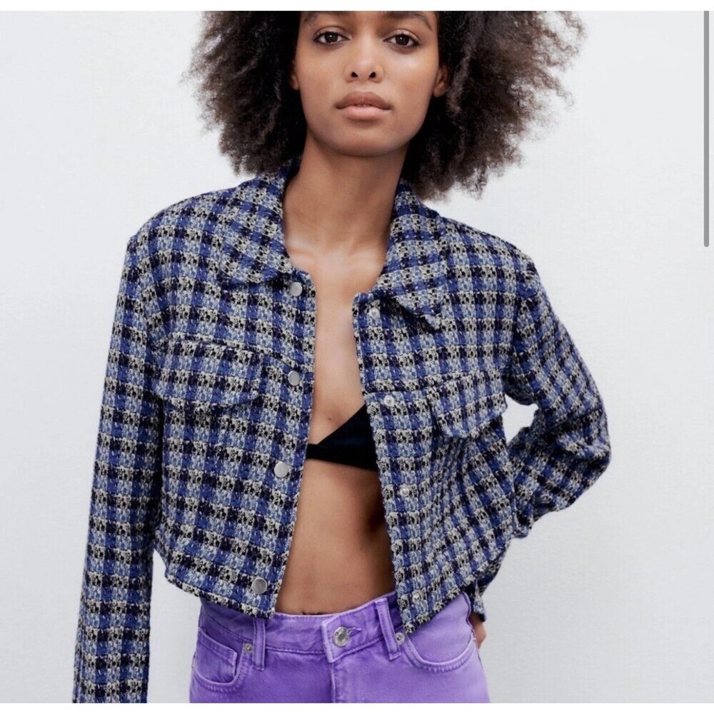 Zara Cropped Tweed Jacket Size Small Blue Purple Plaid Preppy Retro Clueless